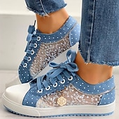 cheap Women&#039;s Sneakers-Charming Blue Lace-Up Sneakers with Floral Lace Detail - Stylish Women&#039;s Footwear with Polka Dot Accents, Perfect for Casual Outings