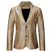 cheap Men&#039;s Classic Blazers-Men&#039;s Jacket Blazer Party Evening Bar Party Favor Vintage Skinny Polyester Stripes and Plaid Glitter Windproof Single Breasted Blazer Silver Gold Rainbow