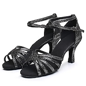 cheap Latin Shoes-Women&#039;s Black Glitter Latin Dance Shoes – Strappy Open-Toe Ballroom Heels with Ankle Strap and Comfortable Suede Sole, Perfect for Salsa, Latin, and Tango Dancing