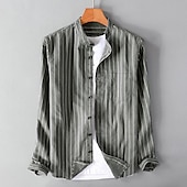 お買い得  ビジネスカジュアル-男性用 コットンリネンシャツ チャイナカラーシャツ マンダリンカラーシャツ サマーシャツ ビーチシャツ ストライプシャツ ストライプ バケーション ストリート ブラック ホワイト グレー 長袖 スタンド 春 &amp; 秋 衣類 ボタンダウン