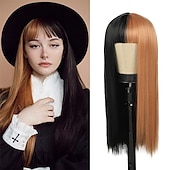 billige Karnevalsparykker-Kaneles halv svart halv grønn parykk lang rett hår med bangs cosplay naturlig bølgete parykk jenter cosplay fest show Halloween parykker