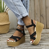 economico Sandali Casual-sandali con zeppa espadrillas da donna – scarpe estive con cinturino e plateau in pelle scamosciata verde oliva con chiusura a fibbia, stile casual da spiaggia e da vacanza