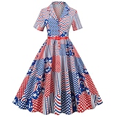 billiga Kvinnors Kollektion-självständighetsdagen flare klänning underklänning bandana 3 st outfits usa flagga 1950-tal retro vintage swing klänning dam festklänning 4 juli