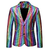 cheap Men&#039;s Classic Blazers-Men&#039;s Jacket Blazer Party Evening Bar Party Favor Vintage Skinny Polyester Stripes and Plaid Glitter Windproof Single Breasted Blazer Silver Gold Rainbow