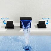baratos Torneiras Misturadoras-Cachoeira torneira da pia do banheiro luz led latão montado no convés, torneiras de banho generalizadas 2 alças 3 furos com mangueira de água quente e fria