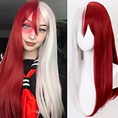billige Karnevalsparykker-Kaneles halv svart halv grønn parykk lang rett hår med bangs cosplay naturlig bølgete parykk jenter cosplay fest show Halloween parykker