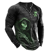 お買い得  ハロウィンTシャツ-男性用 Tシャツ ヘンリーシャツ グラフィック スカル ヘンリー ブラック ホワイト ブルー グリーン グレー 3Dプリント プラスサイズ アウトドア 日常 長袖 ボタンダウン プリント 衣類 デザイナー スタイリッシュ ヴィンテージ ベーシック