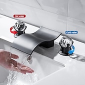 economico Multiforo-rubinetto del lavandino del bagno con due maniglie a manopola in cristallo cascata nero opaco/cromo montato sul ponte rubinetti del bagno a 3 fori diffusi per vasca o lavabo