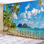 billige Havstrand Teppe-veggteppe art deco teppe gardin piknik bordduk hengende hjem soverom stue sovesal dekorasjon polyester fiber strand serie kokosnøtt tre hvit sky solnedgang glød solnedgang tidevann