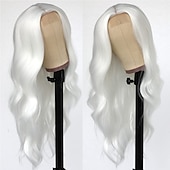 baratos Perucas Sintéticas sem Touca-Perucas de cabelo de onda longa e solta cor branca perucas sintéticas de fibra resistente ao calor sem cola para moda feminina linha de cabelo natural perucas de festa de natal