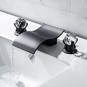 economico Multiforo-rubinetto del lavandino del bagno con due maniglie a manopola in cristallo cascata nero opaco/cromo montato sul ponte rubinetti del bagno a 3 fori diffusi per vasca o lavabo