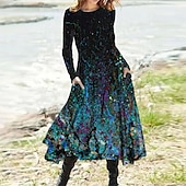 cheap Art&amp;Design Dress-Women&#039;s Midi Dress Casual Dress Winter Dress Swing Dress Vacation Fashion Basic Formal Vacation Party Regular Fit Tie Dye Color Gradient Long Sleeve Crew Neck Yellow Blue Camel Purple