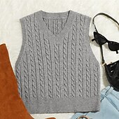baratos Cores Sólidas-Colete de suéter de venda imperdível amazon europeu e americano moda casual sem mangas cabo suéter com decote em v colete de malha feminino