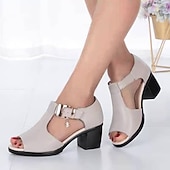 preiswerte Kleidungs-Sandalen-Damen Sandalen Blockabsatz Sandalen Täglich Strand Feste Farbe Sommer Blockabsatz Peep Toe Vintage Klassisch Brautkleider schlicht PU Leder PU Knöchelriemen Schwarz Hellgrau