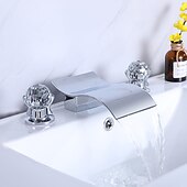 economico Multiforo-rubinetto del lavandino del bagno con due maniglie a manopola in cristallo cascata nero opaco/cromo montato sul ponte rubinetti del bagno a 3 fori diffusi per vasca o lavabo
