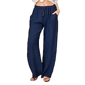 economico Pantaloni-Per donna Normale Culotte Gamba Larga Gamba larga Pantaloni in cotone e lino Moda Lunghezza intera Misura del girovita medio Semplice Tasche Laterali Gamba larga Baggy Comodità Inelastico Casuale