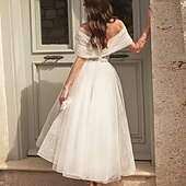 cheap Little White Dresses-TS A-Line Cocktail Dresses Elegant Dress Wedding Guest Graduation Tea Length Short Sleeve Off Shoulder Sequined with Sash / Ribbon Ruched Sequin 2025