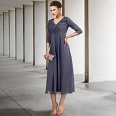 economico Lunghezza del pavimento-Abito per la madre della sposa A-Line invitata a un matrimonio elegante taglie forti scollo a V lunghezza tè in chiffon pizzo manica 3/4 con ruches applicazioni 2025 taglia personalizzata gratuita