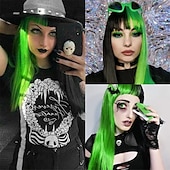 billige Karnevalsparykker-Kaneles halv svart halv grønn parykk lang rett hår med bangs cosplay naturlig bølgete parykk jenter cosplay fest show Halloween parykker
