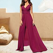 abordables Robes pour invitées de mariage-Combinaisons Robe de Soirée Élégante Robe Invitée de Mariage Prom Traîne de Chapelle Sans Manches Col en V Chiffon avec Fronces Couleur Pure 2025