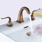 economico Multiforo-rubinetto miscelatore lavabo bagno diffuso, rubinetti lavabo 3 fori 2 maniglie in ottone vintage, rubinetto bagno in stile retrò con tubo dell&#039;acqua fredda e calda