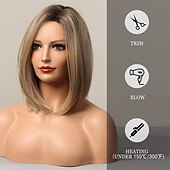 tanie Peruki syntetyczne modne-popielaty blond bob peruka krótkie włosy przedziałek po boku peruka ręcznie wiązana linia włosów długość do ramion peruka ombre naturalnie wyglądająca peruka syntetyczna damska