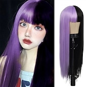 billige Karnevalsparykker-Kaneles halv svart halv grønn parykk lang rett hår med bangs cosplay naturlig bølgete parykk jenter cosplay fest show Halloween parykker