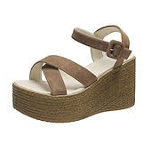 economico Sandali Casual-sandali con zeppa espadrillas da donna – scarpe estive con cinturino e plateau in pelle scamosciata verde oliva con chiusura a fibbia, stile casual da spiaggia e da vacanza