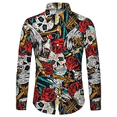 preiswerte Tag der Toten Kostüm-Herren Hemd Grafik-Shirt Rose Totenkopf Motiv Umlegekragen Rote 3D-Druck Outdoor Halloween Langarm Bedruckt Button-Down Bekleidung Modisch Designer Brautkleider schlicht Atmungsaktiv