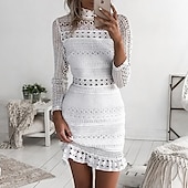 cheap White Lace Dresses-Women&#039;s Mini Dress Lace Dress Party Dress Homecoming Dress Sheath Dress Elegant Fashion Romantic Wedding Guest Cocktail Party Date Regular Fit Pure Color Long Sleeve High Neck White Summer Spring