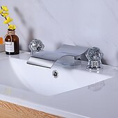 economico Multiforo-rubinetto del lavandino del bagno con due maniglie a manopola in cristallo cascata nero opaco/cromo montato sul ponte rubinetti del bagno a 3 fori diffusi per vasca o lavabo