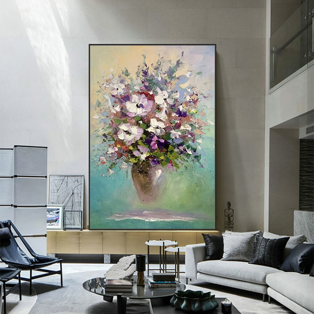お買い得  花/植物画-ミンチュラ 手作り 厚いテクスチャー 花 油絵 キャンバス 壁アート 装飾 モダン 抽象画 ホームデコレーション ロールフレームレス 未延伸絵画
