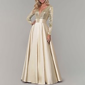 cheap PINK-A-Line Evening Gown Elegant Dress Prom Birthday Floor Length Long Sleeve V Neck Fall Wedding Guest Satin with Pleats Sequin 2025