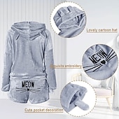 economico Completi pigiami da donna-tuta da casa da donna set 2 pezzi animale gatto caldo peluche comfort casa strada quotidiano pile felpa con cappuccio manica lunga felpa con cappuccio pantaloncini elastico in vita fa casa abiti