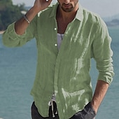 economico Vacanza-Per uomo Camicia camicia di lino Camicia estiva Abbigliamento mare Camicia con bottoni Tinta unica Da mare Curise Nero Bianco Rosa Blu marino Manica lunga Colletto Primavera estate Abbigliamento