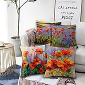 cheap Floral &amp; Plants Style-Set of 4 Artistic Flowers Square Decorative Throw Pillow Cases Sofa Cushion Covers  Home Sofa Decorative  Faux Linen Cushion Cover for Sofa Couch Bed Chair Red