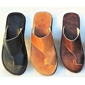billige Uformelle sandaler-brune sandaler med tåløkker i kunstskinn med håndsydde detaljer - slip-on sommersko i vintage stil