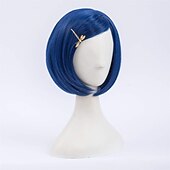 baratos Perucas Sintéticas sem Touca-Morticia curto liso azul feminino bob peruca infantil com grampo de cabelo libélula de ouro