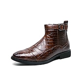 baratos Botas de vestir-Botas masculinas de couro sintético com padrão de crocodilo marrom, fivela e zíper lateral – botas sociais elegantes para uso formal e casual