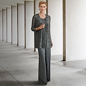 olcso Anya nadrágkosztümje-Jumpsuit  Nadrágruha 3 részes Ara anyának Formális esküvői vendég Elegáns Nagy méretű Kötés beleértve Ékkő nyak Padlóhosszú Chiffon Csipkével Ujjatlan Egyszínű 2025 ingyenes egyedi méret