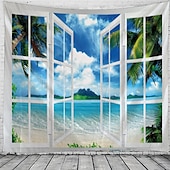 Недорогие Тапестри́ на океа́нском пляже-Window Landscape Wall Tapestry Art Decor Blanket Curtain Hanging Home Bedroom Living Room Decoration Coconut Tree Sea Ocean Beach