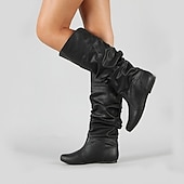 levne Slouch Boots-dámské černé kozačky pod kolena - ležérní kozačky z umělé kůže na plochém podpatku na podzim a zimu
