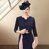 abordables Avec veste-Robe deux pièces fourreau pour la mère de la mariée Invitée de mariage Église Tissu extensible Sans manches Robes à courte veste avec plis Cristaux color block Robe Derby Robe de course 2025