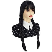 cheap Movie Character Wigs-Wednesday Addams Wigs Wig with Bangs Long Pigtails Wig for Women Girls Addams Family  Hair Wig for Cosplay Party Wigs Halloween Wigs