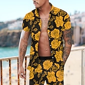 cheap Men&#039;s Printed Shirts Sets-Men&#039;s Rose Floral 2pcs Shirts Sets Summer Hawaiian Shirt Short Sleeve Short Pants Turndown Fashion Hawaiian Designer Outdoor Vacation Beach 3D Print Button-Down Summer Spring Yellow Red Purple