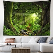 preiswerte Landschaftsteppich-Landschaft groß Wandteppich Baum Höhle Natur Wandteppich Wandbehang nebliger Baum Wandteppich Dschungel Bach Wandteppich Sonnenschein durch Baum für Schlafzimmer Wohnzimmer Wandtuch XXL Natur