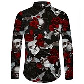 economico Giorno dei Morti Costume-Per uomo Rosa Floreale Teschi Camicia Manica lunga Di tendenza Originale Informale Halloween Strada Informale Autunno inverno Collo ripiegabile Stampa Bottone giù Nero e rosso Vinaccia Nero Bianco
