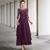 billiga Golvlängd-A-linjeformad klänning för brudens mor bröllopsgäst elegant plus size juvelhals ankellängd chiffong spets 3/4 längd ärm med ruched paljetter applikationer gratis anpassad storlek