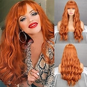 billige Syntetiske trendy parykker-lang oransje parykk med pannelugg bølget krøllet ingefær bangs parykk syntetisk kvinner oransje lang parykk naturlig leter etter daglig og halloween fest