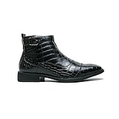 baratos Botas de vestir-Botas masculinas de couro sintético com padrão de crocodilo marrom, fivela e zíper lateral – botas sociais elegantes para uso formal e casual
